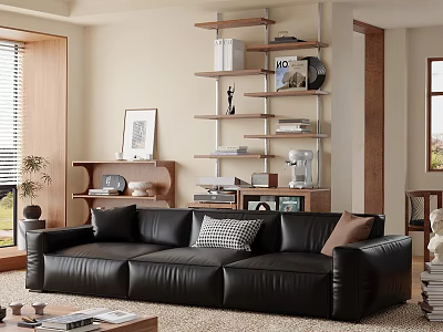 Modern Black Genuine Leather Three Seater Sofa For Cozy Minimalist Living Room Home Decor 3d model