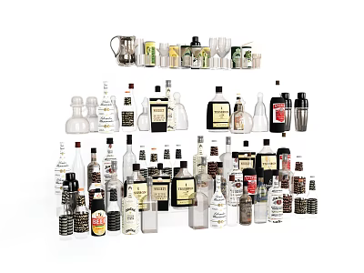 Variety of Liquor Bottles and Drinking Glasses Displayed with Different Sizes and Labels 3d model