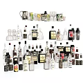 Variety of Liquor Bottles and Drinking Glasses Displayed with Different Sizes and Labels