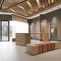 Modern Interior Showroom With Wooden Display Panels Reception Counter And Wavy Ceiling Design