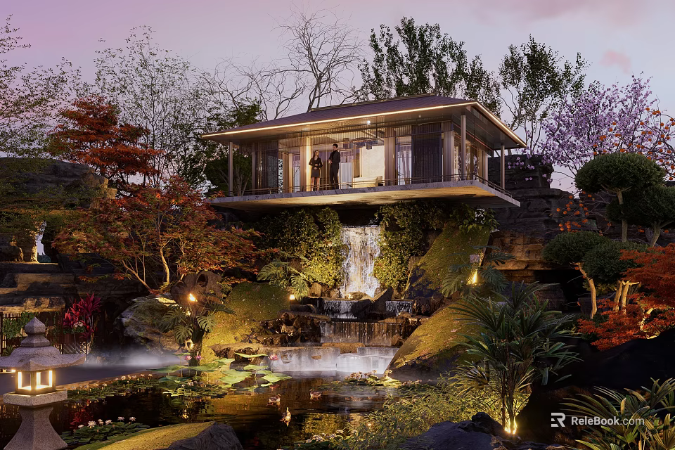 Scenic Modern Landscape Pavilion With Waterfall Lush Greenery Pond And Night Lights 3d model 