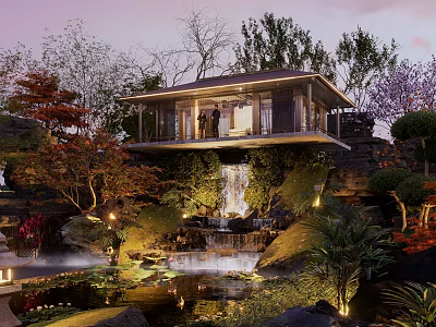 Scenic Modern Landscape Pavilion With Waterfall Lush Greenery Pond And Night Lights 3d model