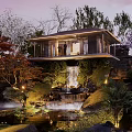 Scenic Modern Landscape Pavilion With Waterfall Lush Greenery Pond And Night Lights