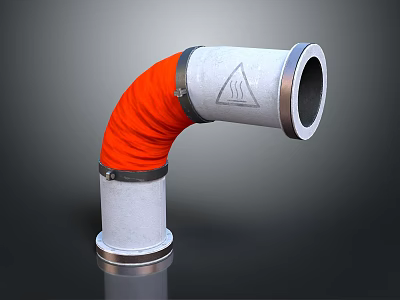 Curved Pipe with Orange Flexible Hose Metal Connections and Warning Sign 3d model