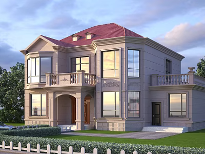 Elegant Detached Villa Featuring Red Roof Large Windows and Green Lawn with White Fence 3d model