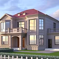 Elegant Detached Villa Featuring Red Roof Large Windows and Green Lawn with White Fence