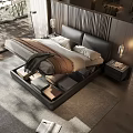 Modern Double Bed With Vertical Striped Headboard Nightstands And Scenic View