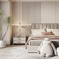 Modern Bedroom Interior With Large Upholstered Headboard Nightstands Table Lamps Area Rug And Window Plant