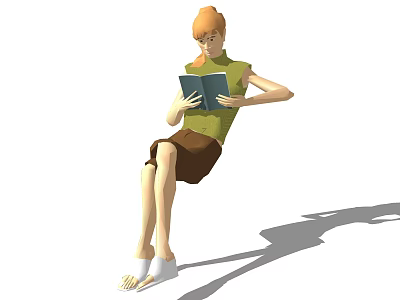 Woman reading a book sitting casually wearing green top brown shorts and white slippers 3d model