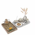 Elegant Tableware Set with Wooden Tray Glass Pitcher Lemon Slices White Cups Cookies Dried Grass