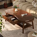 Oval Wooden Coffee Table With Storage Drawers Vase Flowers Lower Shelf Books Modern Living Room