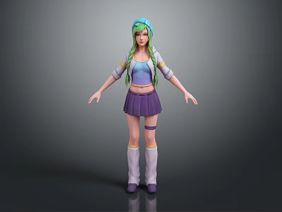 Game Movie Character With Green Hair Blue Headband Purple Skirt White Long Socks And Blue Top 3d model