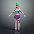 Game Movie Character With Green Hair Blue Headband Purple Skirt White Long Socks And Blue Top