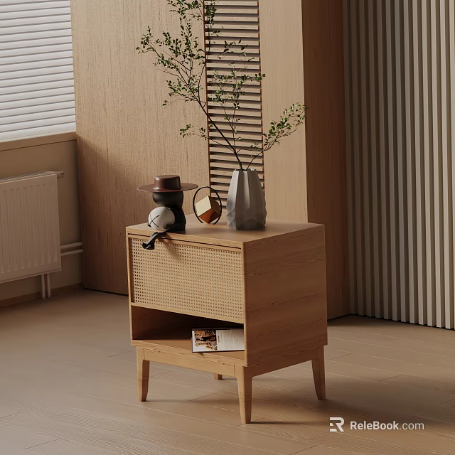 Minimalist Wooden Side Table With Woven Drawer Vase Green Plants Hat And Mirror 3d model 