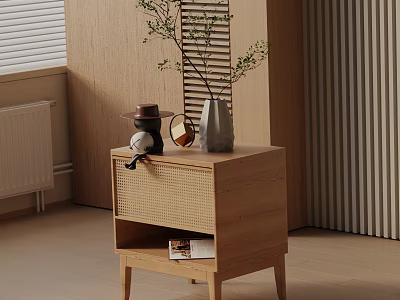 Minimalist Wooden Side Table With Woven Drawer Vase Green Plants Hat And Mirror 3d model
