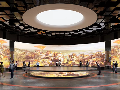 Spacious Exhibition Hall With Large Murals Circular Display Platform Ceiling Light And Visitors 3d model