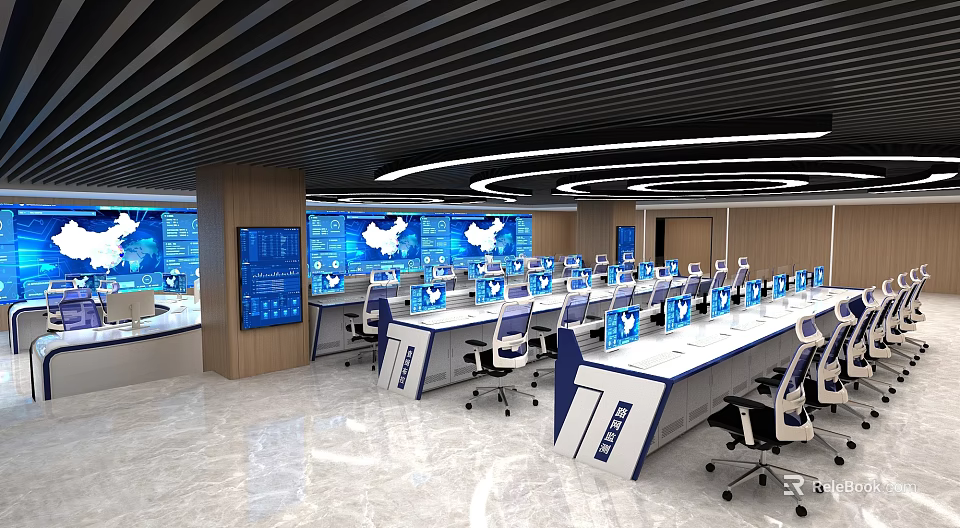 Modern Monitoring Room Interior with Multiple Screens Control Desks and Office Chairs 3d model 