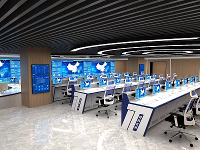 Modern Monitoring Room Interior with Multiple Screens Control Desks and Office Chairs 3d model