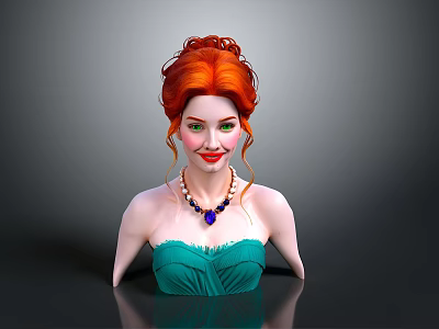 Realistic 3D Female Bust With Red Hair Green Strapless Dress And Blue Gem Necklace 3d model