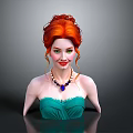 Realistic 3D Female Bust With Red Hair Green Strapless Dress And Blue Gem Necklace