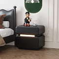 Sleek Black Modern Nightstand With Glowing Accent Doll Figure And Book By Bed