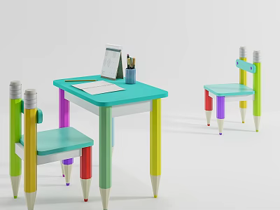Colorful Pencil Shaped Legs Children's Table with Chair Tablet Notebook and Colored Pencils 3d model