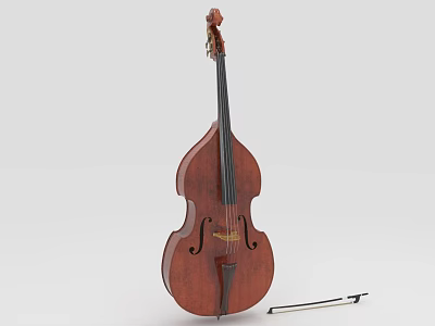 Professional Wooden Double Bass String Instrument With Acoustic Design And Bow 3d model
