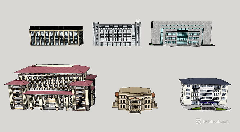 Various Office Building Architectural Designs With Different Facades And Roofs 3d model