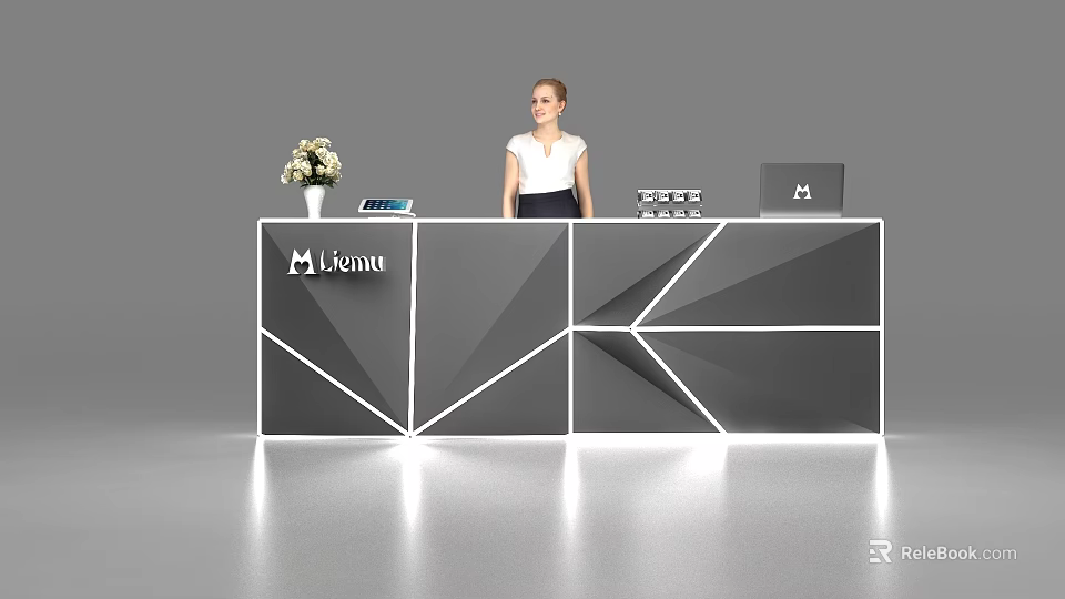Modern Stylish Reception Desk With Geometric Gray And White Design Vase Flowers And Laptop 3d model 