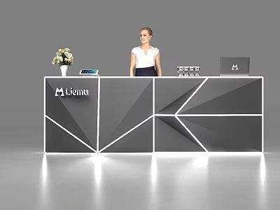 Modern Stylish Reception Desk With Geometric Gray And White Design Vase Flowers And Laptop 3d model