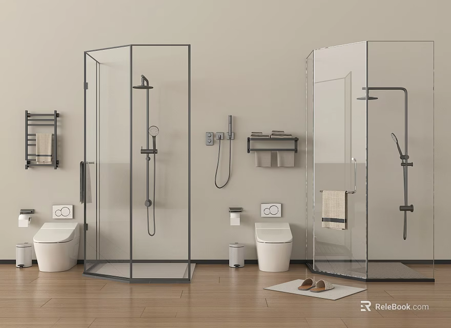 Modern Bathroom Glass Shower Enclosure With Chrome Shower Head Fixtures Toilet And Towel Rack 3d model 