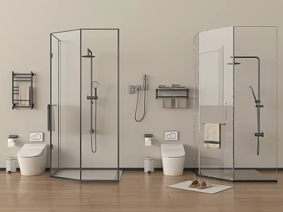 Modern Bathroom Glass Shower Enclosure With Chrome Shower Head Fixtures Toilet And Towel Rack 3d model