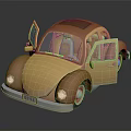 Vintage Yellow Beetle Style Toy Car With Open Doors And Brown Roof Details