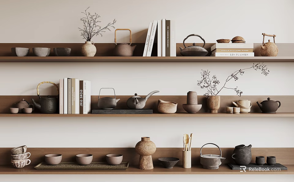 Stylish Tea Wares Display on Wooden Shelves with Books and Decorative Plants 3d model 
