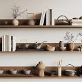 Stylish Tea Wares Display on Wooden Shelves with Books and Decorative Plants