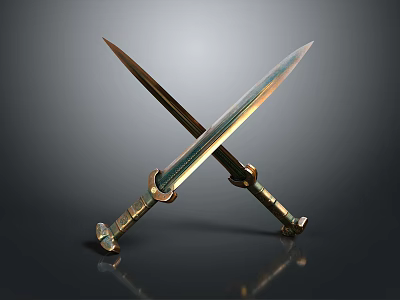 Crossed Ancient Swords With Metallic Shine And Decorative Hilts On Dark Background 3d model