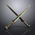 Crossed Ancient Swords With Metallic Shine And Decorative Hilts On Dark Background