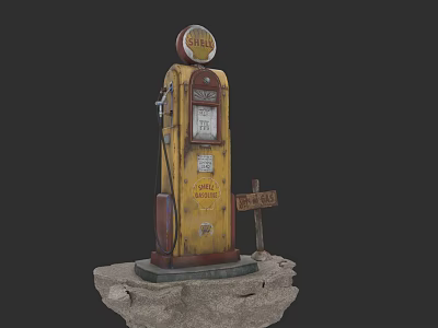 Vintage Car Fueling At Retro Gas Station With Classic Yellow Pump 3d model