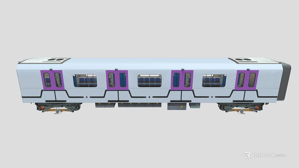 White Train Exterior View With Purple Doors And Multiple Windows Side Design 3d model