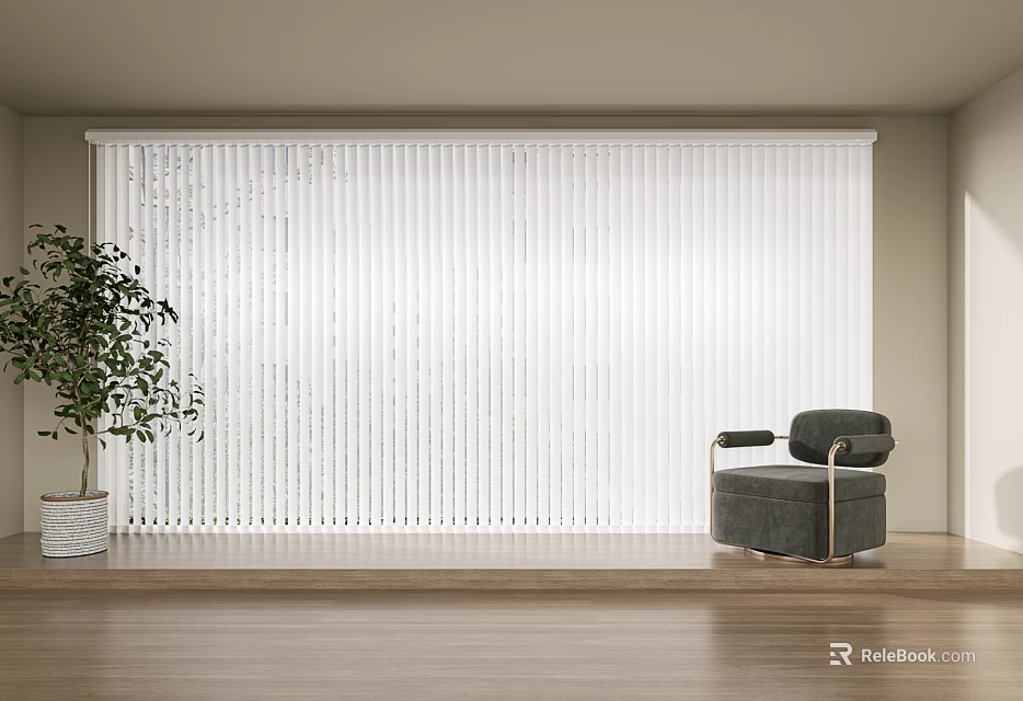 White Vertical Blinds In Modern Living Room With Chair And Plant 3d model 