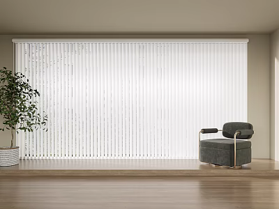 White Vertical Blinds In Modern Living Room With Chair And Plant 3d model