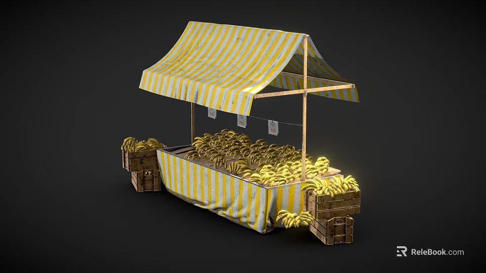 Fresh Bananas Display At Yellow And White Striped Fruit Stall With Wooden Crates 3d model 