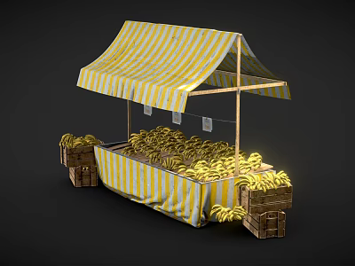 Fresh Bananas Display At Yellow And White Striped Fruit Stall With Wooden Crates 3d model