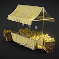 Fresh Bananas Display At Yellow And White Striped Fruit Stall With Wooden Crates