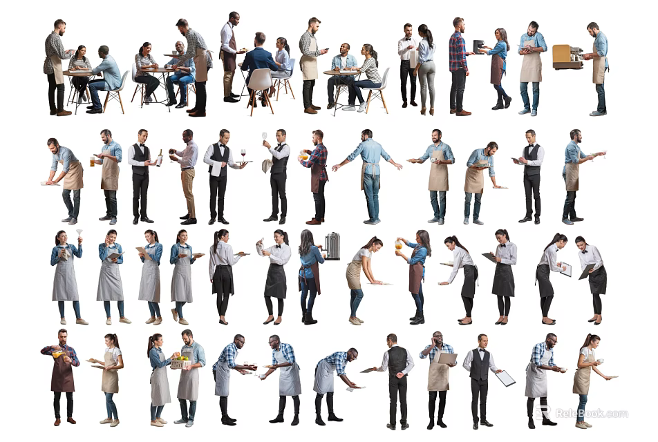 Group of Diverse People in Aprons Cooking Serving and Preparing Food Together 3d model 