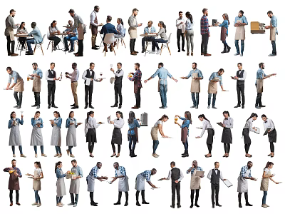 Group of Diverse People in Aprons Cooking Serving and Preparing Food Together 3d model