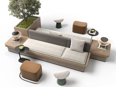 Modern Public Bench With Stools Side Tables And Planter With Grass And Plants 3d model