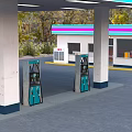 Gas Station Exterior Featuring Concrete Columns Green Fuel Pumps And Striped Building