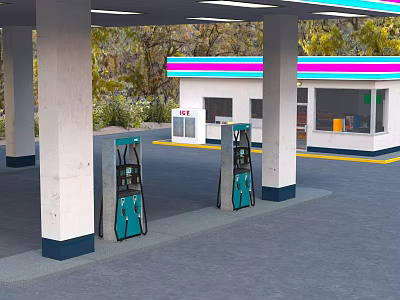 Gas Station Exterior Featuring Concrete Columns Green Fuel Pumps And Striped Building 3d model