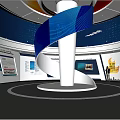 Modern Exhibition Hall With Spiral Column Red Blue White Display Screens And Person Taking